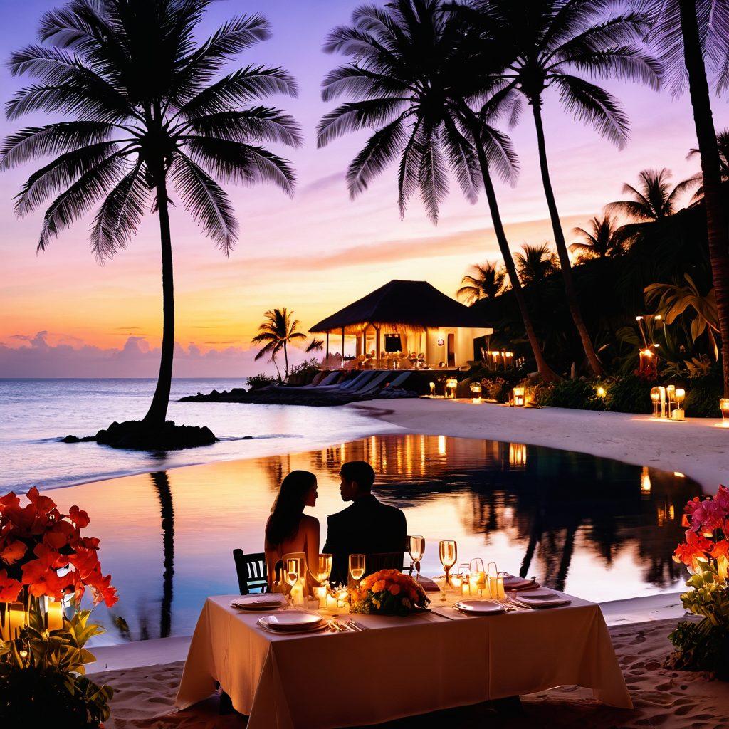 A breathtaking tropical beach with an elegant couple enjoying a sunset dinner on the sand, surrounded by softly glowing candles and delicate floral arrangements. In the background, a private villa with a sparkling infinity pool, lush palm trees swaying gently in the breeze. The scene captures the essence of romance and luxury for a honeymoon getaway. warm colors. super-realistic. dreamy atmosphere.