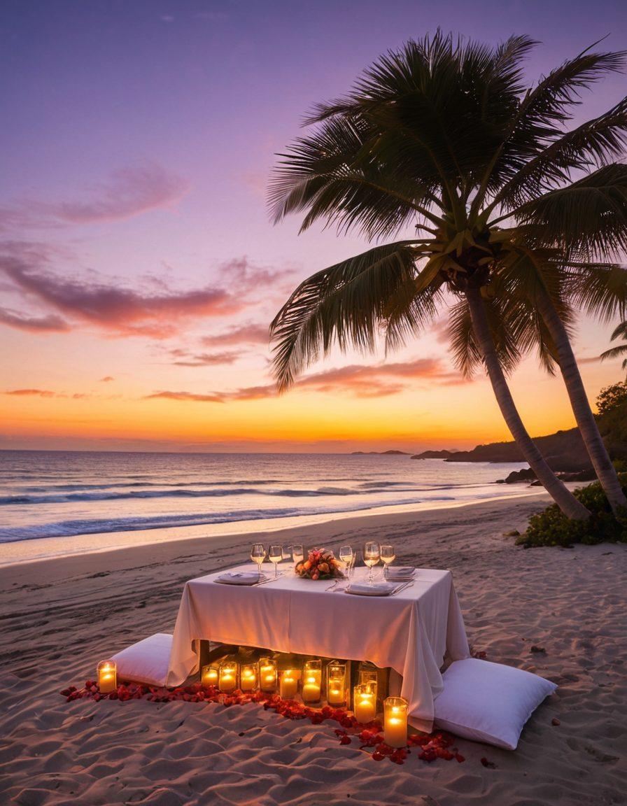 A beautifully set candlelit table for two on a private beach at sunset, complete with gourmet dishes, champagne flutes, and soft pillows scattered on the sand. In the background, gentle waves lap against the shore under a starlit sky, creating a romantic ambiance. Subtle hints of roses and fairy lights enhance the allure, inviting couples to escape into a world of luxury and intimacy. super-realistic. vibrant colors. soft focus.