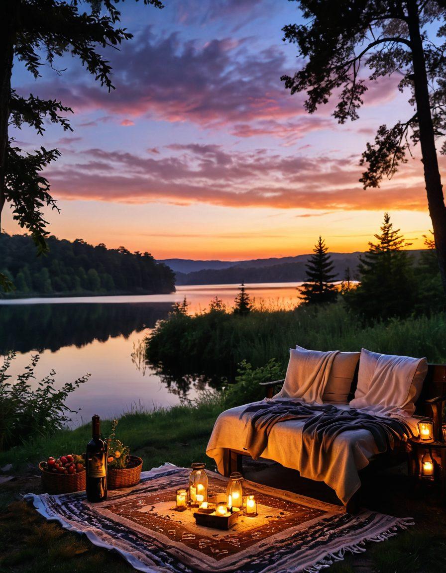 A cozy, intimate setup for two, featuring a sunset view from a lakeside cabin with soft blankets and a picnic setup. Include elements like a bottle of wine and glasses, surrounded by twinkling fairy lights and lush greenery. Create a warm, inviting atmosphere that exudes affection and tranquility. super-realistic. vibrant colors. warm lighting.